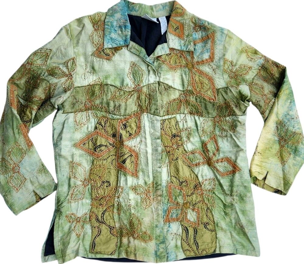 Y2K Vintage Silk Art To Wear Jacket Womens Chico's XL (3) Embroidered Watercolor